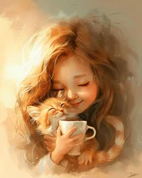 Kleines Mädchen, ihre Katze und die Liebe zu gutem Kaffee
