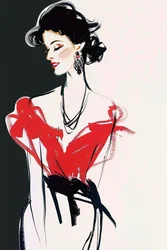 Pariser Mode, rotes & schwarzes Kleid, im Stil von René Gruau
