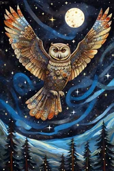 Die Eule schwebt durch den sternenklaren Nachthimmel