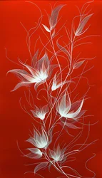 Weiße Linienkunst von Pflanzen und Blumen auf rotem Hintergrund
