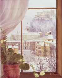 Blick aus dem Fenster auf Nonntal mit Festung