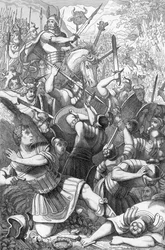 Cheruskerführer Arminius (18 v. Chr.-21 n. Chr.) in der Schlacht im Teutoburger Wald gegen die Römer im Jahr 9 n. Chr. (Die Cherusker unter Arminius (Hermann) besiegen die 17.-19. römischen Legionen unter Varus im Teutoburger Wald)