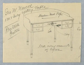 Entwurf für Mahagoni-Einlage-Schreibtisch für George M. Nowell