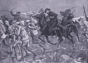 De Wets Behandlung britischer Kriegsgefangener auf dem Marsch, Illustration aus After Pretoria: The Guerilla War, 1902