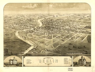 Vogelperspektive der Stadt Berlin, Green Lake Co., Wisconsin 1867