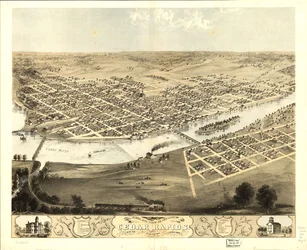 Vogelperspektive der Stadt Cedar Rapids und Kingston, Linn Co., Iowa 1868