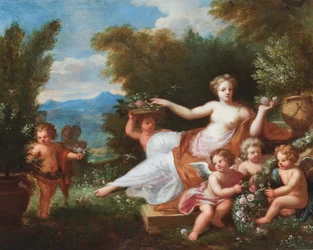 Flora ruht in einer Landschaft mit Putti, die Blumen bringen