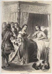 Madame Deshoulieres, Antoinette Ligier de La Garde (1637-1694), überwältigt von Fragen ihres Umfelds nach einer Nacht in Angst vor dem Geist. Gravur von A. Duruy in „Illustrations litteraires de la France; or, Galerie anecdotique de nos pr...