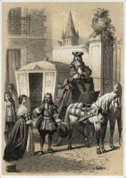 Marie de Rabutin-Chantal (Rabutin Chantal), Marquise de Sévigné dit Madame de Sévigné (1626-1696) zwingt Gilles Ménage (1613-1692), französischer Grammatiker und Schriftsteller, in ihrer Kutsche zu fahren. Gravur von A. Duruy in „Illustrations littéraires 