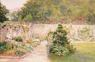 Der Garten in Undermount, Bonchurch, Isle of Wight mit St. Boniface in der Ferne