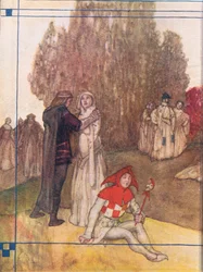 Innenseitiges Umschlagdesign, aus Tales from Shakespeare, veröffentlicht von Ward Lock & Co Ltd, 1930-40er Jahre