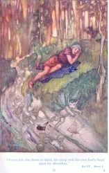 Oberon ließ den Narren schlafen mit seinem Narrenhaupt auf den Schultern (Ein Sommernachtstraum), aus Geschichten von Shakespeare, veröffentlicht von Ward Lock & Co Ltd