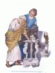 Timon bat den gutherzigen Verwalter, Trost zu finden (Timon von Athen), aus Geschichten aus Shakespeare, veröffentlicht von Ward Lock & Co Ltd