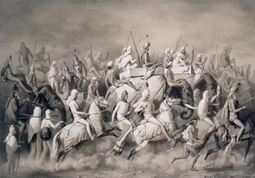 Chir Singh, Maharadscha der Sikhs und König von Punjab mit seinem Gefolge auf der Jagd in der Nähe von Lahore, 1859