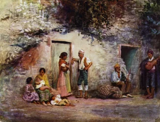 Granada, Zigeuner an den Türen ihrer Höhlen (Farblithografie)