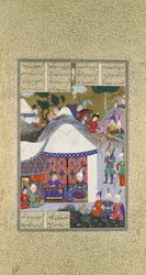 Zal hinterfragt Sams Absichten bezüglich des Hauses von Mihrab, Folio 81v..., ca. 1525-30
