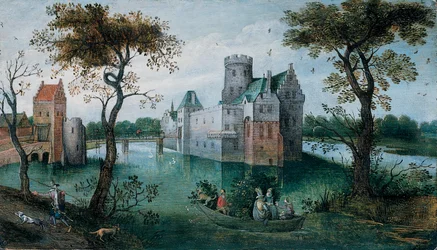 Ein Wassergraben-Schloss mit eleganten Figuren in einem Boot und einem Jäger mit seinen Hunden auf einem Weg im Vordergrund