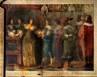 Szene aus dem Leben von Charles de Valois (1573-1650), Herzog von Angouleme - Party-Szene anlässlich der Hochzeit von Charles de Valois mit seiner zweiten Frau im Jahr 1644 - Eine Frau, von einem Höfling angesprochen, zögert, ihr Halsband anzulegen - Fresk