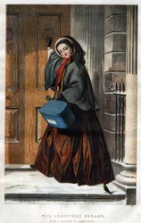 Weihnachtsrennen: Eine elegante junge Frau klopft mit einem Paket in der Hand an die Tür eines Hauses (Illustration nach einer Zeichnung von Abraham Solomon)