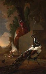 Ein Pfau, ein Truthahn und ein Huhn mit seinen Küken neben einem klassischen Brunnen in einer Landschaft