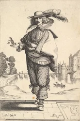 Ein Herr vor einer großen Burg mit Federhut und Spitzenkragen