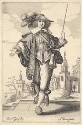 Ein Herr, der vorwärts geht, mit ausgestrecktem rechten Arm und einer Peitsche in der linken Hand, 1629