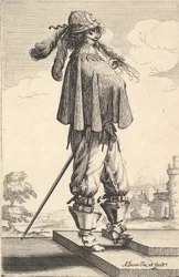 Ein Herr mit kurzem Mantel, Helm und Sporenstiefeln, stehend auf den Stufen und..., 1629