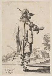 Herr von hinten gesehen, der auf ein Schloss zeigt, 1629