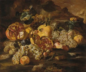 Granatäpfel und andere Früchte in einer Landschaft