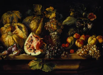 Stillleben mit Wassermelone, Trauben, Pflaumen, Pfirsichen, Kirschen und anderem Obst auf einem Sims