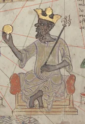 Detail aus dem Katalanischen Atlas, Blatt 6, mit dem thronenden Mansa Musa, 1375