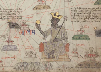 Detail aus dem Katalanischen Weltatlas, Blatt 6, mit dem thronenden Mansa Musa, 1375