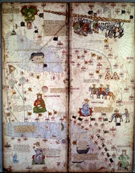 Kartografie: Karte von Cathay (Catai), dem alten Namen des mongolischen China in Zentralasien und Europa. Dargestellt sind: Delhi (Indien) mit dem Aralsee, der Wolga, dem Kaspischen Meer, dem Kaukasus, dem Euphrat, der Arabischen Halbinsel und den Städten