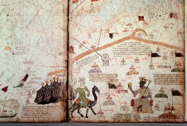 Die Straße von Gibraltar und Nordafrika mit den Flaggen der Mauren; rechts der König von Mali Kanga Moussa (Kankou Moussa oder Kankan Moussa oder Mansa Moussa), der den Goldenen Globus zeigt. Detail aus dem Katalanischen Atlas (katalanische Karte)