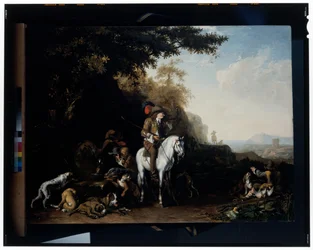 Weite Landschaft mit einer Jagdgesellschaft, die an einem Wassertrough rastet, und einem Sportschützen, der schießt