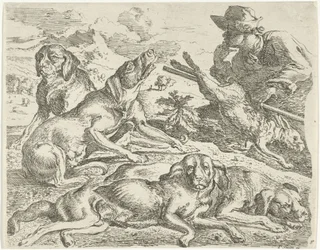 Vier Hunde, ein Jäger und ein Hase