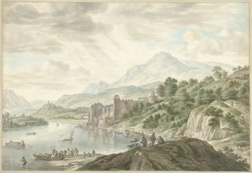 Hügellandschaft mit einem Schloss an einem Fluss