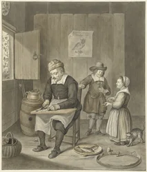 Interieur mit Mann, der Fische säubert, und zwei Kindern