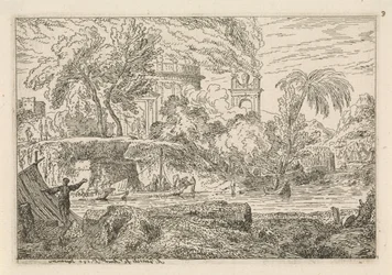 Arkadische Landschaft mit Triumphbogen