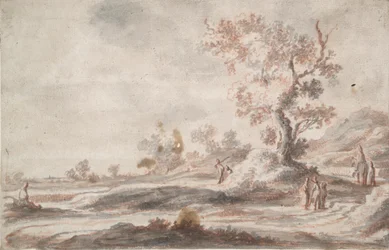 Landschaft mit altem Baum und Figuren