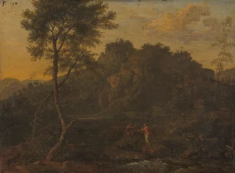 Nymphe und Schäfer machen Musik in einer Landschaft