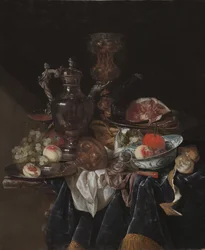 Silberner Weinkrug, Schinken und Früchte, ca. 1660-1666