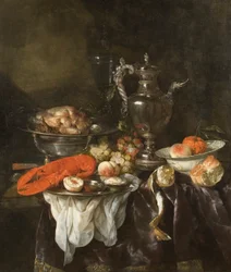 Stillleben mit Hummer, Früchten, Silber und Porzellan, um 1660