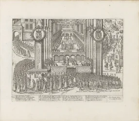 Ansicht des Äußeren der Westminster Abbey während der Krönung von James I., 1603-1604