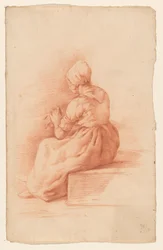 Sitzende Frau mit Mütze, von hinten gesehen