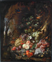 Blumen, Früchte, Vögel und Insekten in einer Landschaft mit Ruinen