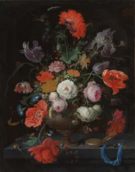 Stillleben mit Blumen und einer Uhr, ca. 1660-79