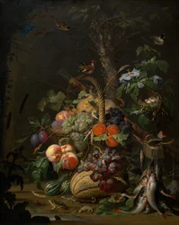 Stillleben mit Früchten, Fischen und einem Nest, um 1675.