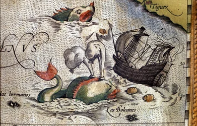 Ein Wal greift ein Schiff an. Tafel aus einer Ausgabe von „Theatrum Orbis Terrarum“ des Kartographen Abraham Ortelius (1527-1598)
