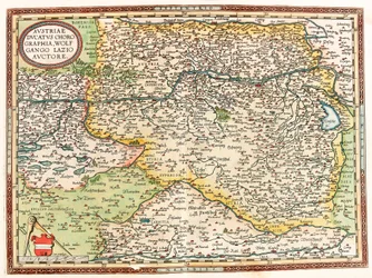 Austria Ducatus Chorographia Wolfgango Lazio Auctore Geographische Karte des Gebiets von Österreich mit der Donau und der Stadt Wien aus „Theatrum Orbis Terrarum“ von Abraham Ortelius (Oertel, Ortell oder Ortel)